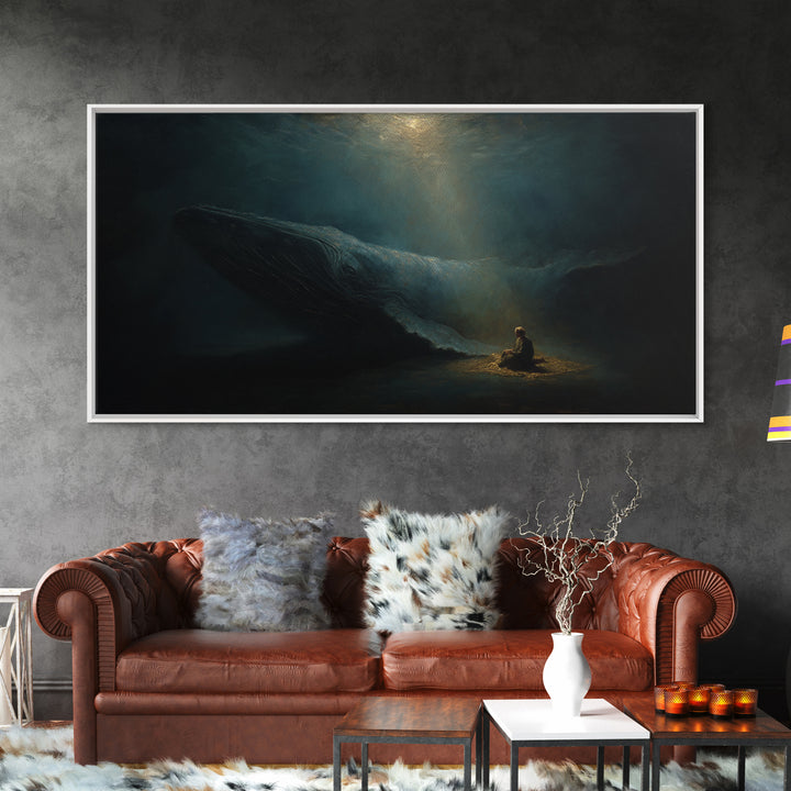 Mystic Whale And Tiny Kayaker Wall Art, Surreal Ocean Canvas Print, Moody Sea Life Decor For Bedroom Or Office Wall Decor
