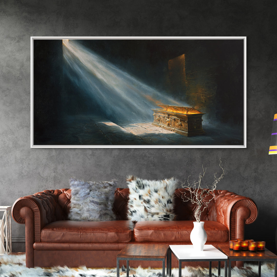 Golden Ark In Sacred Shadow Framed Canvas Print, Biblical Wall Art, Dark Academia Decor, Spiritual Housewarming Gift For Her