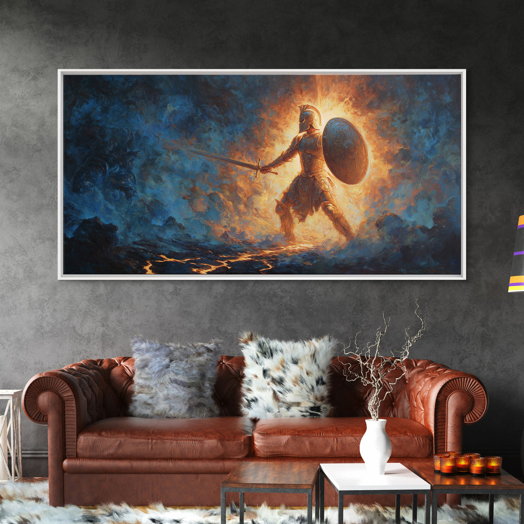 Ancient Shield Maiden In Fiery Blue Mist Canvas Print, Fantasy Warrior Wall Art, Mythological Decor, Gift For Him Or Her