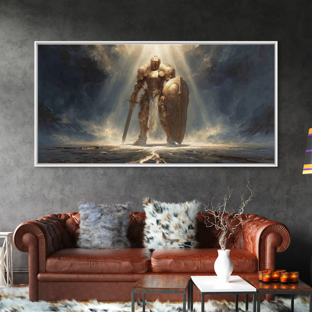 Golden Knight In Storm Light Framed Canvas Print, Epic Fantasy Warrior Large Wall Decor, Medieval Armor Art, Gift For Him