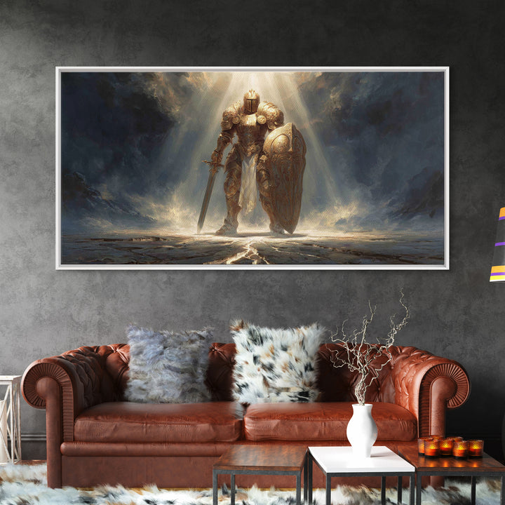 Golden Knight In Storm Light Framed Canvas Print, Epic Fantasy Warrior Large Wall Decor, Medieval Armor Art, Gift For Him