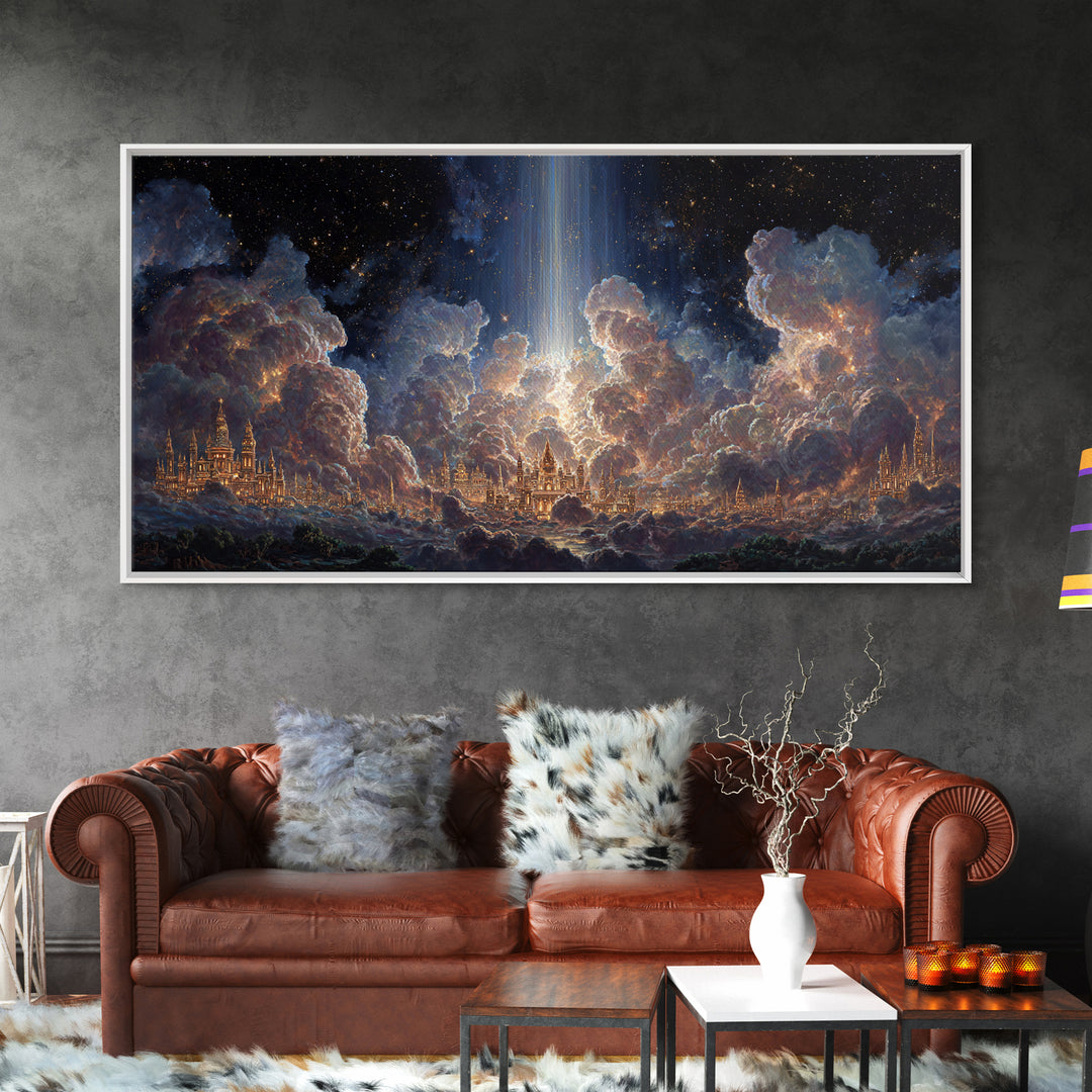 Heavenly Cloud City With Star Beam Canvas Print, Celestial Fantasy Art, Large Wall Decor, Spiritual Home Decor Gift For Her