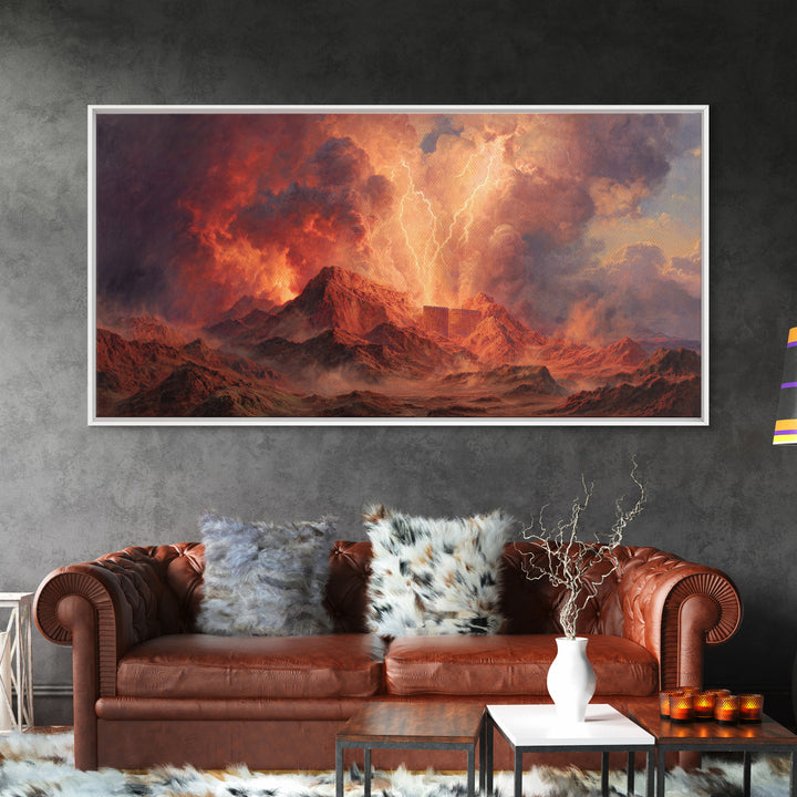 Fiery Mountain Storm With Lightning Over Red Peaks Framed Canvas Print, Dramatic Landscape Wall Art, Large Modern Art, Office Decor