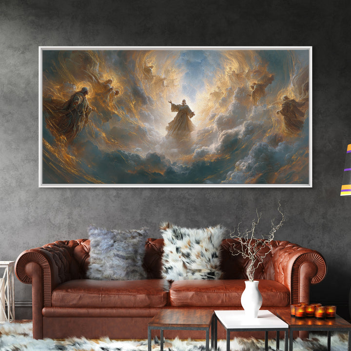 Angels And Divine Figure In Luminous Clouds Framed Canvas Print, Spiritual Wall Art, Religious Decor, Christian Gift Idea