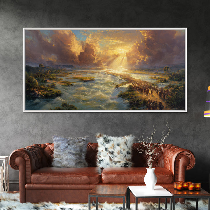 Exodus River Crossing Canvas Print, Golden Biblical Landscape Painting, Christian Wall Decor, Housewarming Gift For Living Room