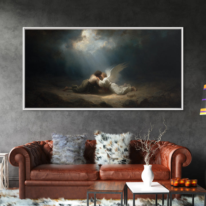 Angel Embracing Fallen Man Wall Art, Dark Baroque Canvas Print, Religious Fine Art, Spiritual Gothic Home Decor Gift For Her