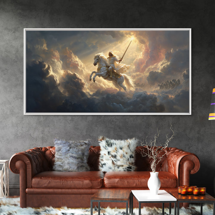 Heavenly Knight On White Horse Framed Canvas Print, Cloud Warrior Fantasy Art, Christian Wall Art, Epic Gift For Him, Living Room Decor