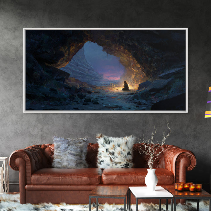 Meditating Figure In Mountain Cave Framed Canvas Print, Mystical Landscape Wall Decor, Zen Fantasy Art For Home And Office Decor