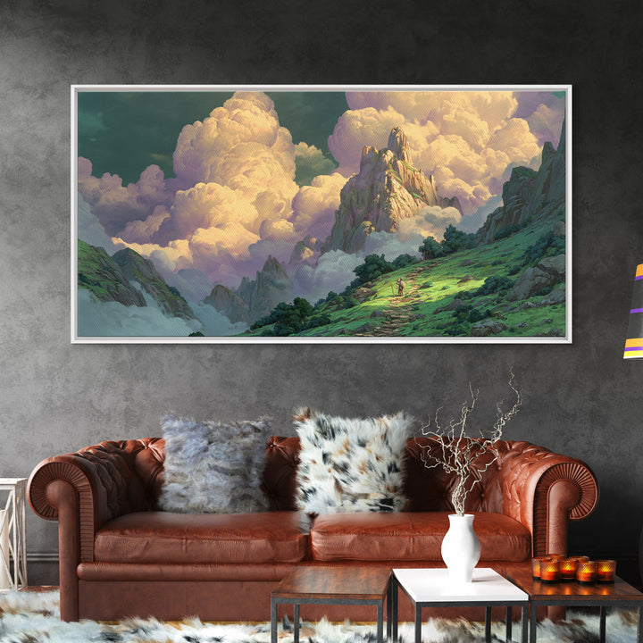 Sunlit Fantasy Mountain Kingdom Wall Art, Whimsical Cloud Landscape Canvas Print, Dreamy Nature Decor For Nursery And Bedroom