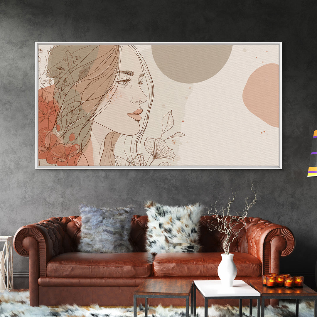 Elegant Woman Profile Wall Art, Floral Line Drawing, Feminine Canvas Print, Neutral Boho Bedroom Decor, Gift For Her, Modern Home Decor