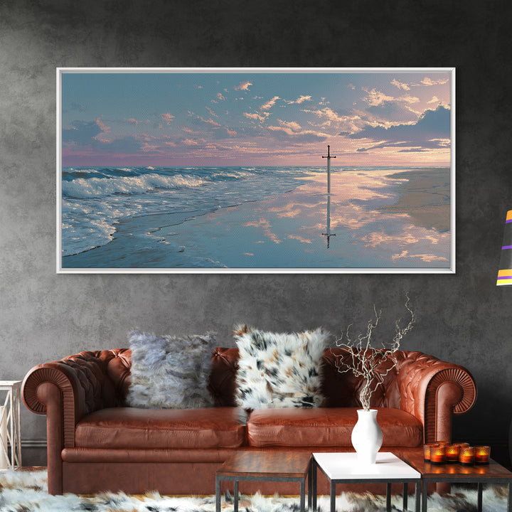 Ocean Sunrise Cross On Wet Sand Framed Canvas Print, Christian Wall Art, Coastal Beach Decor, Peaceful Seascape Art Gift
