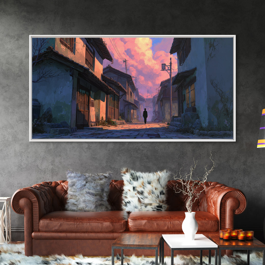 Japanese Twilight Alley Wall Art, Anime Inspired Canvas Print, Moody Urban Landscape, Japandi Decor For Home Office And Gift
