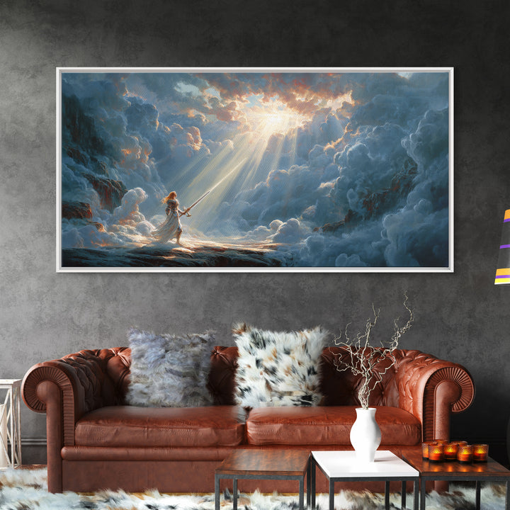 Angel Warrior In Heavenly Clouds Framed Canvas Print, Fantasy Woman Art, Divine Light Wall Decor, Spiritual Gift For Her