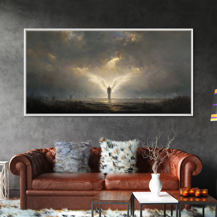 Radiant Angel In Storm Wall Art, Dark Fantasy Spiritual Canvas Print, Moody Religious Decor For Prayer Room And Bedroom Decor