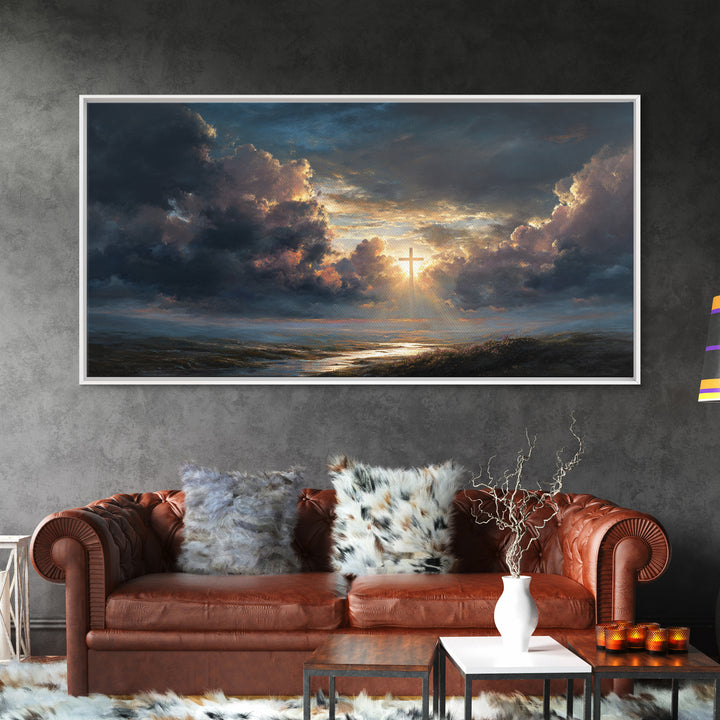 Radiant Cross In Storm Clouds Wall Art, Christian Landscape Canvas Print, Inspirational Faith Decor, Spiritual Sky Art Print