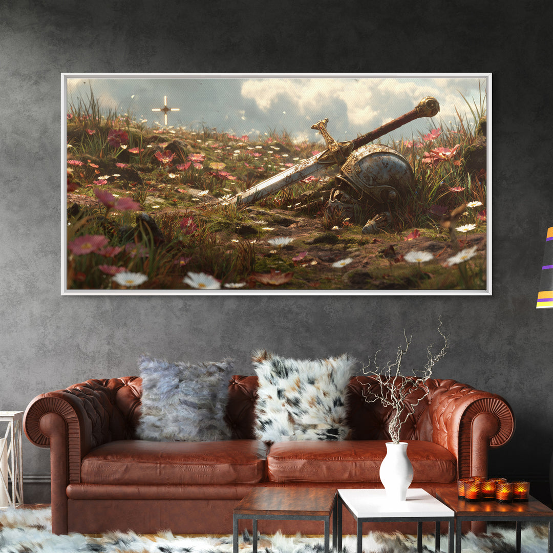 Flowered Battlefield Sword And Helmet Canvas Print, Fantasy Art, Knight Wall Decor, Gothic Gift For Him, Large Wall Art Print