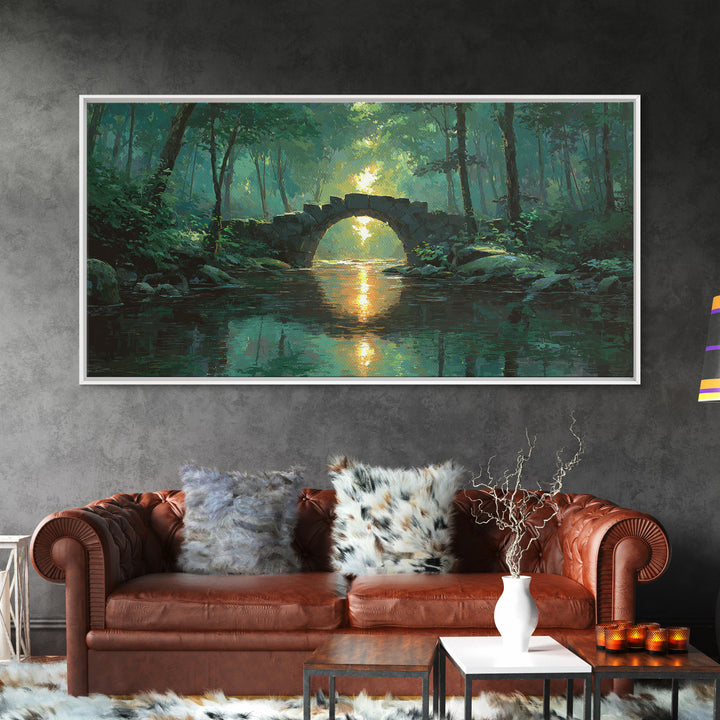 Sunlit Stone Bridge Over Forest River Canvas Print, Tranquil Landscape Wall Art, Japandi Nature Decor, Calming Home Gift