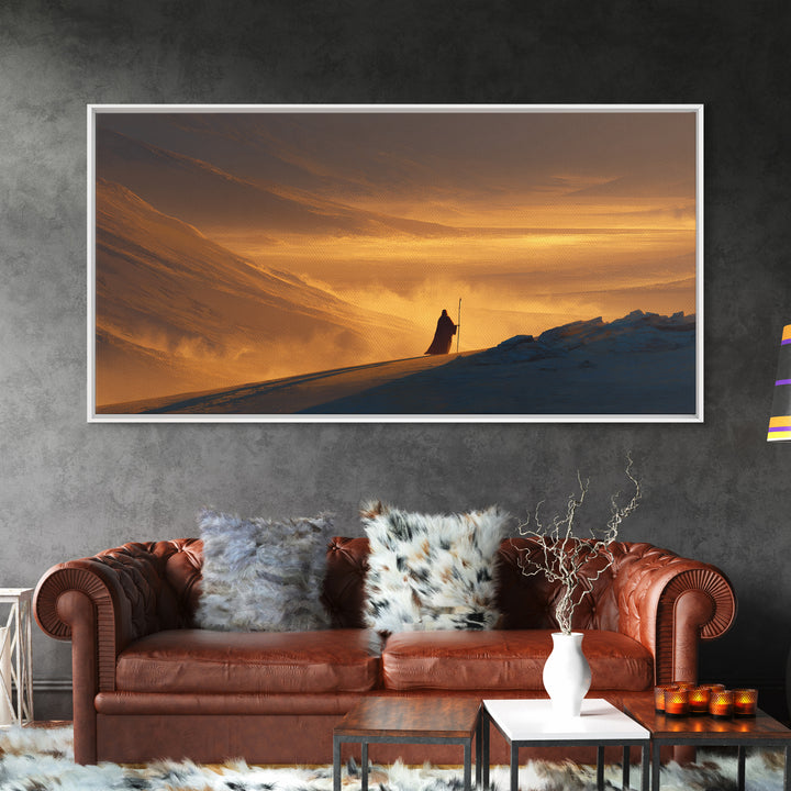 Lone Traveler In Golden Snowy Mountains Canvas Print, Epic Sunset Landscape Wall Art, Rustic Adventure Home Decor Gift For Him