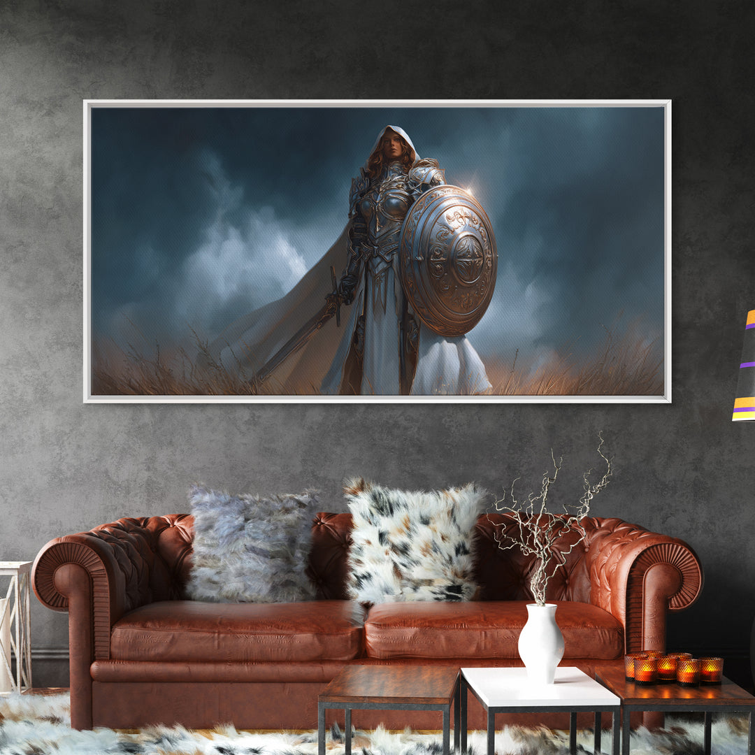 Armored Woman Warrior Framed Canvas Print, Fantasy Wall Art, Shield And Sword Decor, Strong Female Hero, Gamer Gift For Her