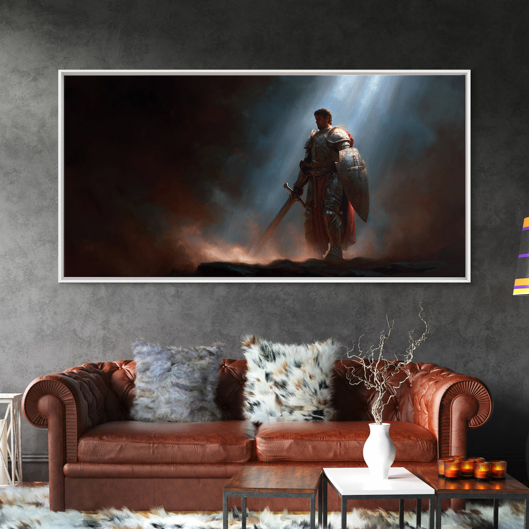 Armored Knight In Dramatic Light Canvas Print, Dark Fantasy Wall Art, Medieval Warrior Decor, Gothic Gift For Him, Game Room Art