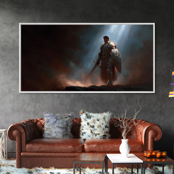 Armored Knight In Dramatic Light Canvas Print, Dark Fantasy Wall Art, Medieval Warrior Decor, Gothic Gift For Him, Game Room Art