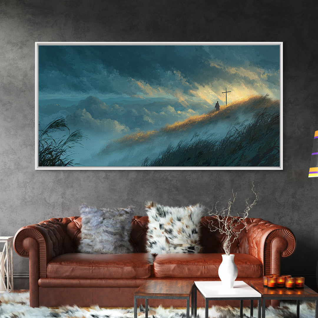 Sunlit Mountain Hill With Lone Cross Wall Art, Spiritual Landscape Canvas Print, Christian Decor, Calming Nature Art For Bedroom