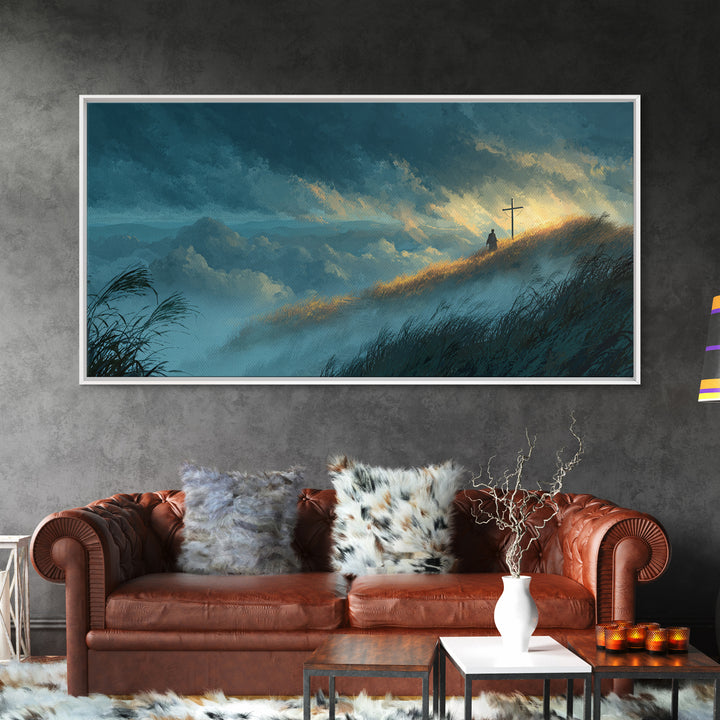 Sunlit Mountain Hill With Lone Cross Wall Art, Spiritual Landscape Canvas Print, Christian Decor, Calming Nature Art For Bedroom