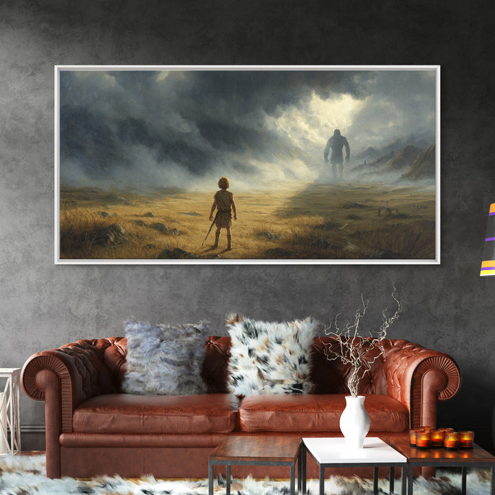 Child Facing Giant In Stormy Valley Wall Art, Fantasy Landscape Canvas Print, Moody Adventure Decor, Dark Surreal Gift For Him