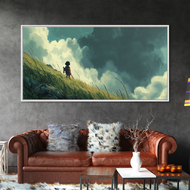 Child On Windswept Grassy Hill Wall Art, Dramatic Cloud Landscape, Whimsical Nursery Decor, Fantasy Adventure Canvas Print