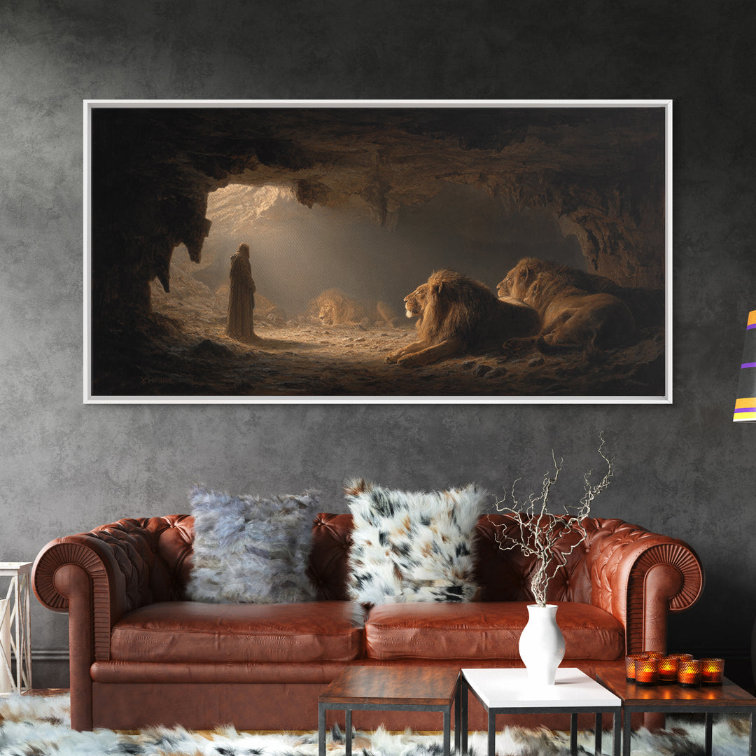 Daniel In The Lions Den Wall Art, Biblical Fantasy Canvas Print, Dramatic Cave Painting, Christian Home Decor Inspirational Gift