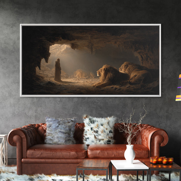 Daniel In The Lions Den Wall Art, Biblical Fantasy Canvas Print, Dramatic Cave Painting, Christian Home Decor Inspirational Gift