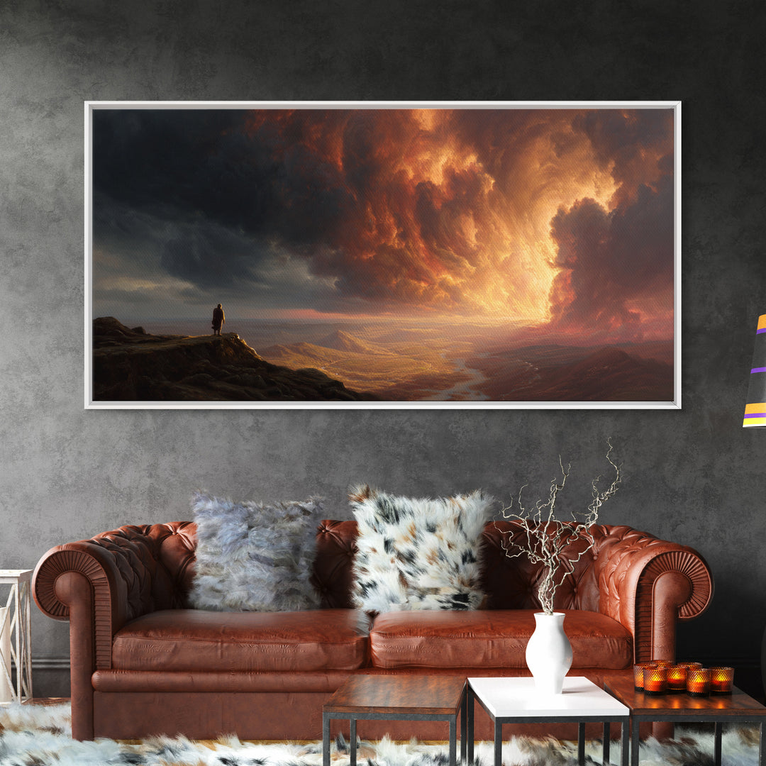 Lone Traveler Storm Valley Wall Art, Dramatic Sunset Landscape Canvas Print, Moody Mountain Decor, Fantasy Fine Art Print