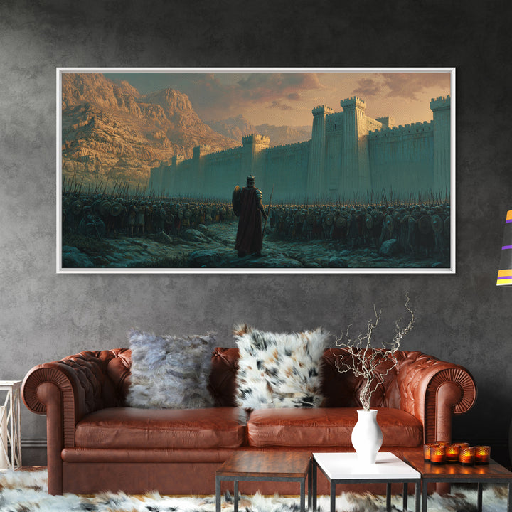 Lone Commander Before Castle Army Wall Art, Epic Medieval Fantasy Canvas Print, Knight Battle Landscape, Man Cave Decor, Gift For Him
