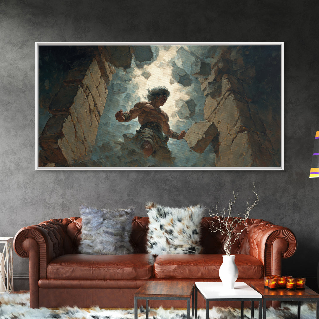 Mighty Warrior Breaking Stone Wall Art, Dramatic Fantasy Canvas Print, Epic Battle Decor For Game Room Or Man Cave Wall Decor