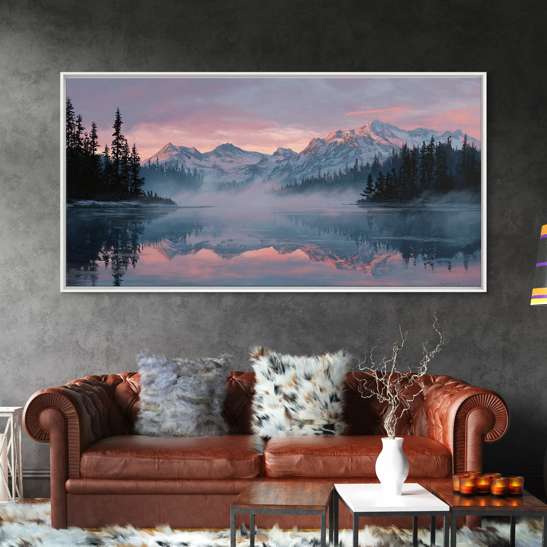 Pink Alpine Mountain Lake Wall Art, Misty Forest Landscape Canvas Print, Nature Decor, Large Wall Art For Living Room Decor