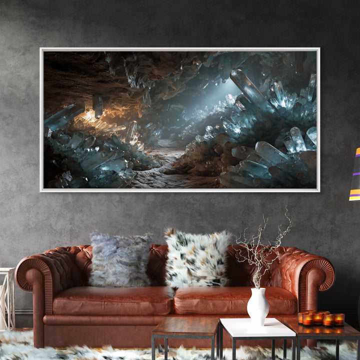 Glowing Crystal Cave Fantasy Canvas Print, Blue Quartz Cavern Wall Decor, Mystical Landscape Art, Unique Gamer Room Gift