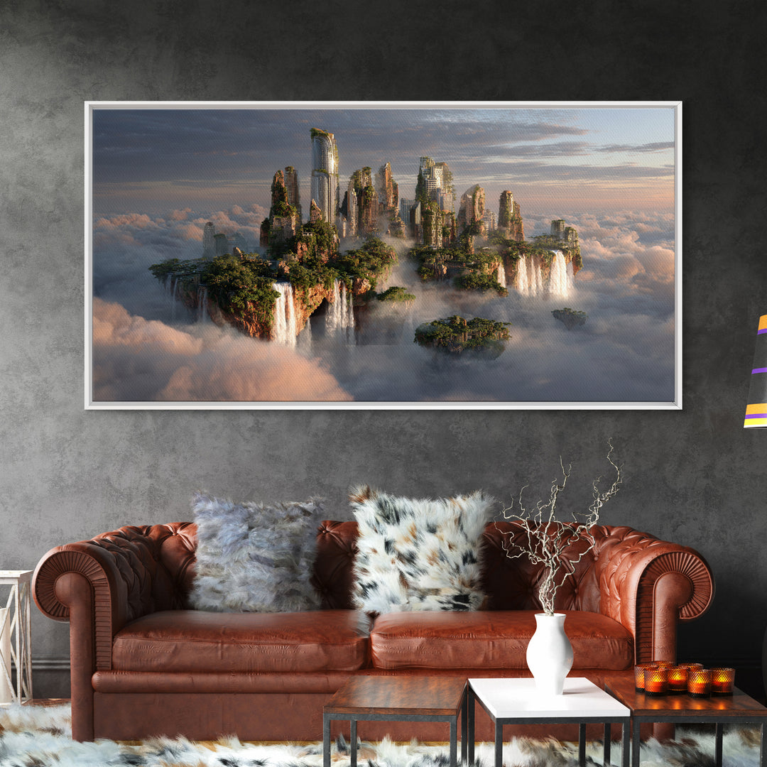 Floating Island City Above Clouds Wall Art, Fantasy Landscape Canvas Print, Surreal Modern Decor, Statement Artwork Gift