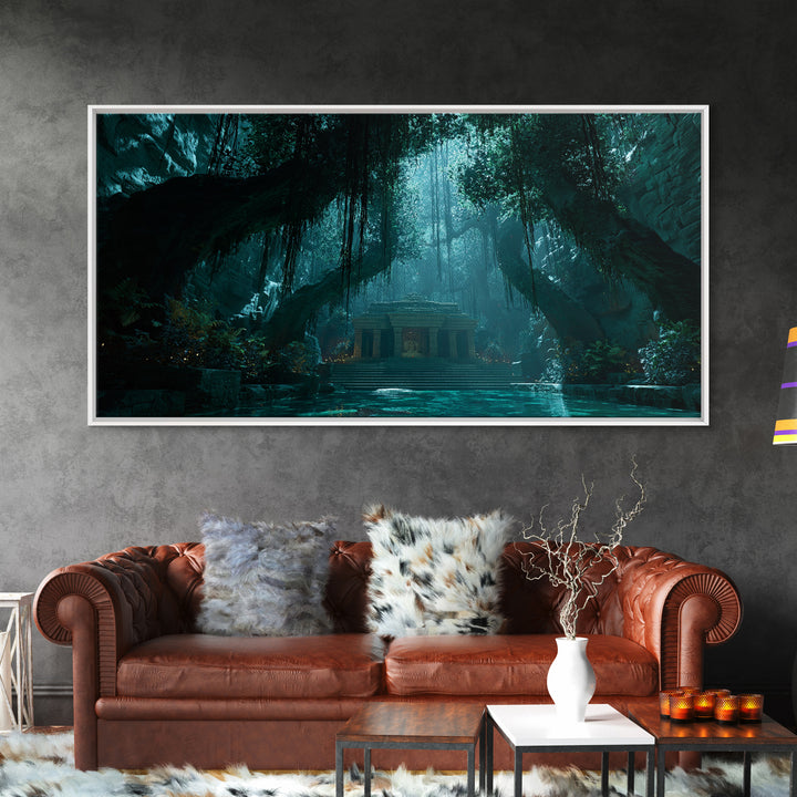 Teal Jungle Temple Cave With Waterfall Wall Art, Fantasy Canvas Print, Moody Nature Decor, Zen Home Decor, Unique Gift For Her