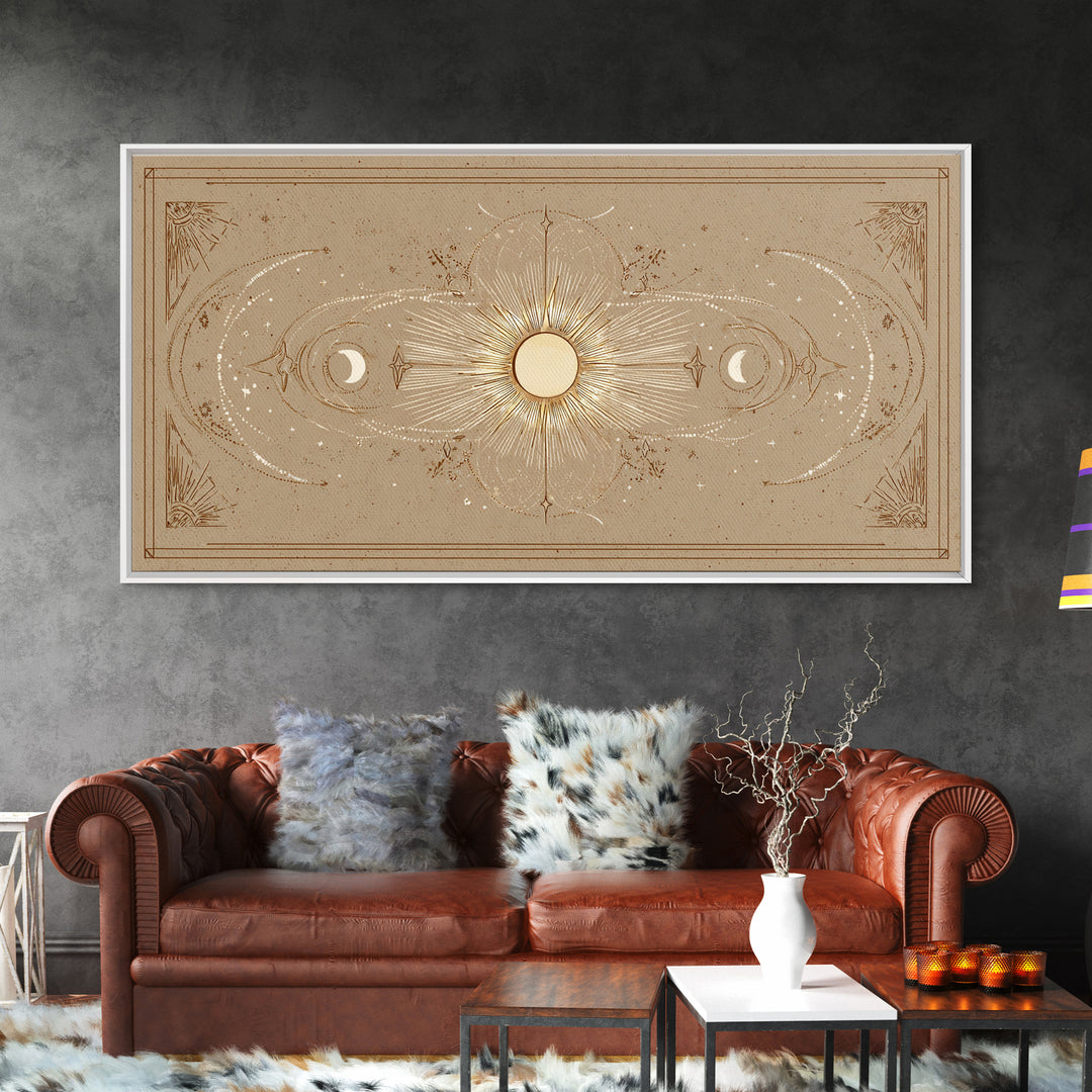Celestial Sun And Moon Wall Art, Gold Mystic Canvas Print, Boho Astrology Decor, Neutral Bedroom Above Bed Wall Decor, Housewarming Gift