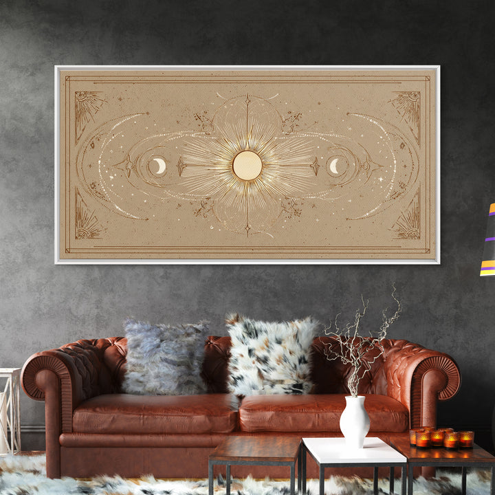 Celestial Sun And Moon Wall Art, Gold Mystic Canvas Print, Boho Astrology Decor, Neutral Bedroom Above Bed Wall Decor, Housewarming Gift
