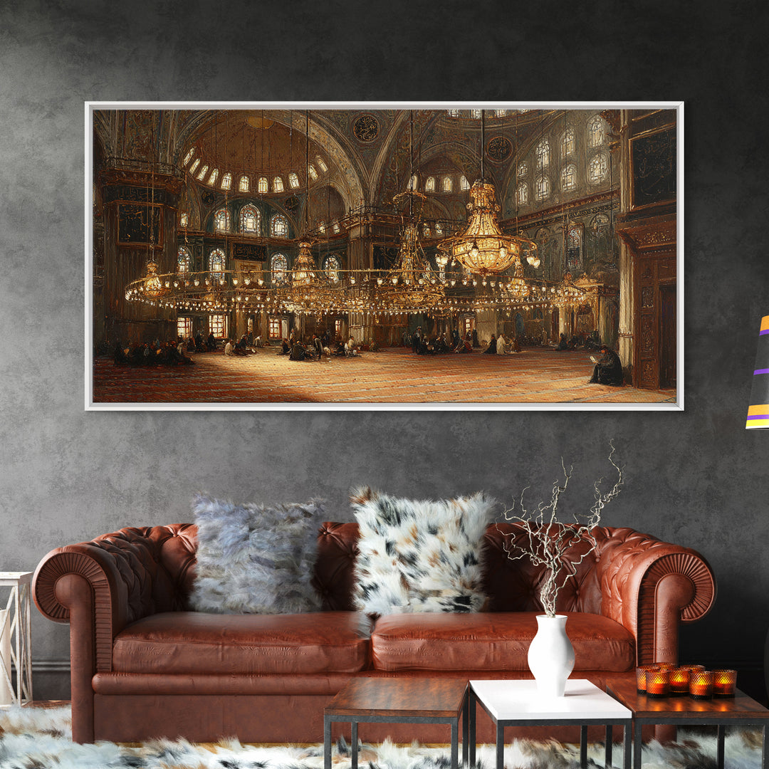 Ornate Mosque Interior With Golden Chandeliers Framed Canvas Print, Islamic Architecture Wall Art, Elegant Ramadan Decor