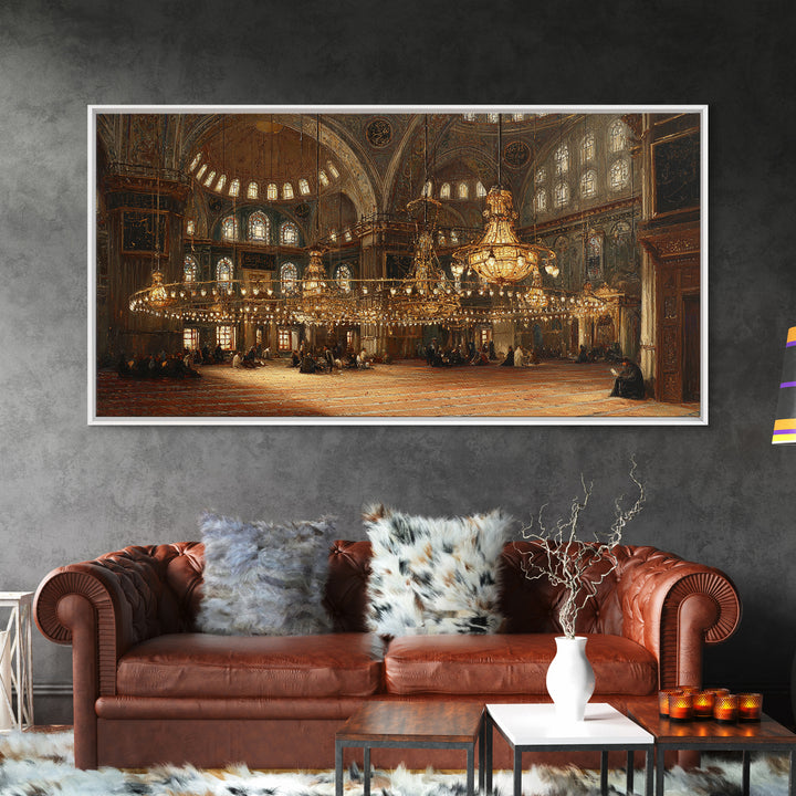 Ornate Mosque Interior With Golden Chandeliers Framed Canvas Print, Islamic Architecture Wall Art, Elegant Ramadan Decor