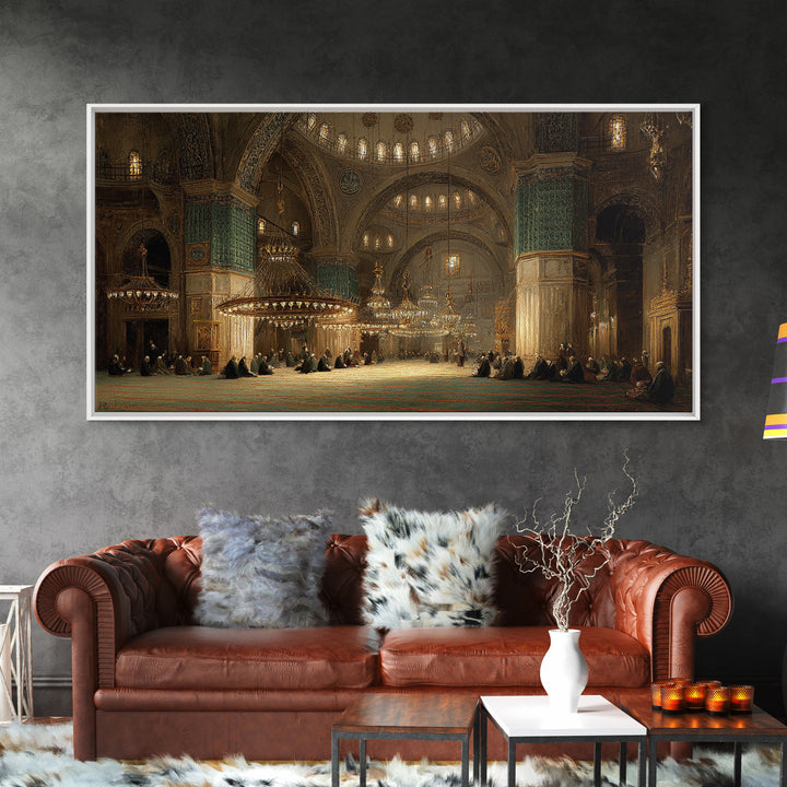 Golden Mosque Interior Prayer Hall Wall Art, Islamic Architecture Framed Canvas Print, Spiritual Decor, Eid Housewarming Gift