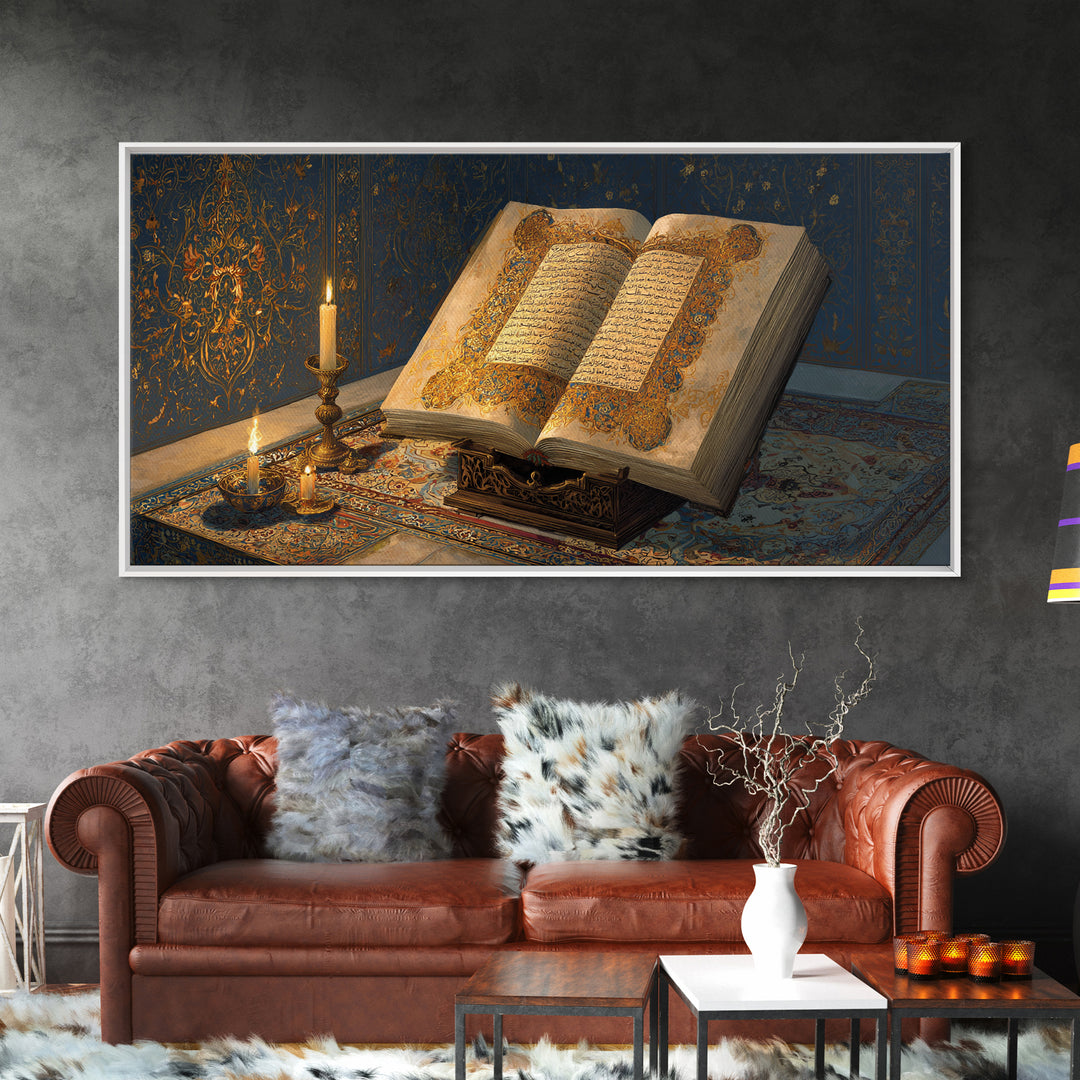 Open Quran With Candlelight Wall Art, Islamic Calligraphy Canvas Print, Arabic Scripture Decor, Ramadan Prayer Room Art Print