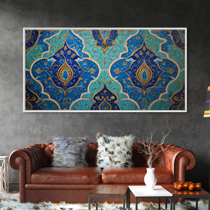 Blue Gold Moroccan Tile Pattern Wall Art, Islamic Home Decor, Boho Wall Decor, Geometric Art, Luxury Statement Artwork Gift