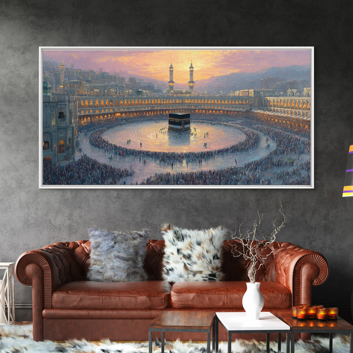 Sunset Kaaba Pilgrimage At Mecca Framed Canvas Print, Islamic Wall Art, Muslim Home Decor, Spiritual Gift, Prayer Room Decor