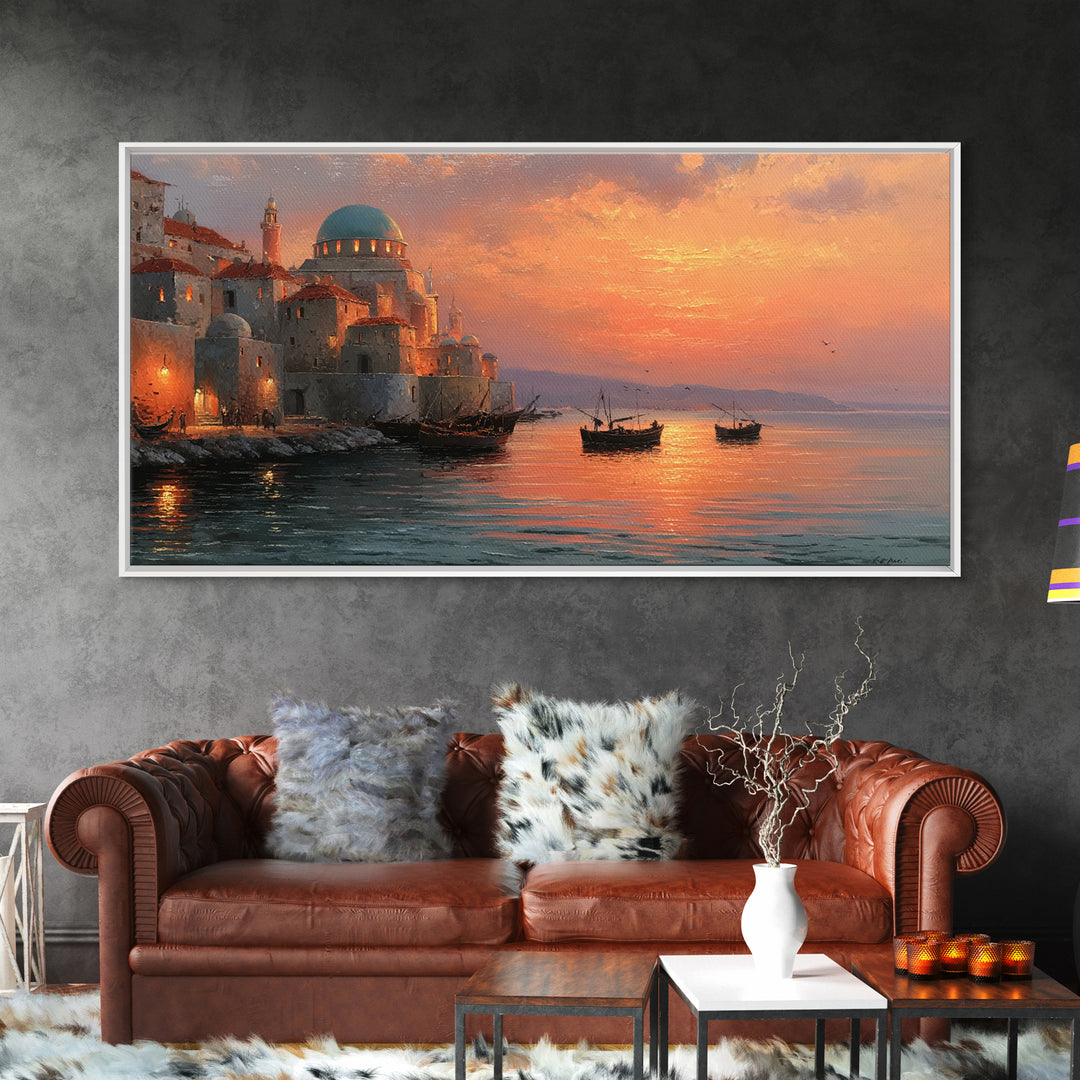 Mediterranean Dome Harbor Sunset Canvas Print, Coastal Wall Art, Italian Seascape Decor, Boats Over Water, Travel Gift Idea