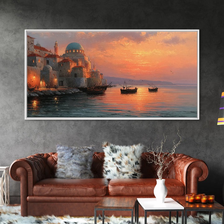 Mediterranean Dome Harbor Sunset Canvas Print, Coastal Wall Art, Italian Seascape Decor, Boats Over Water, Travel Gift Idea