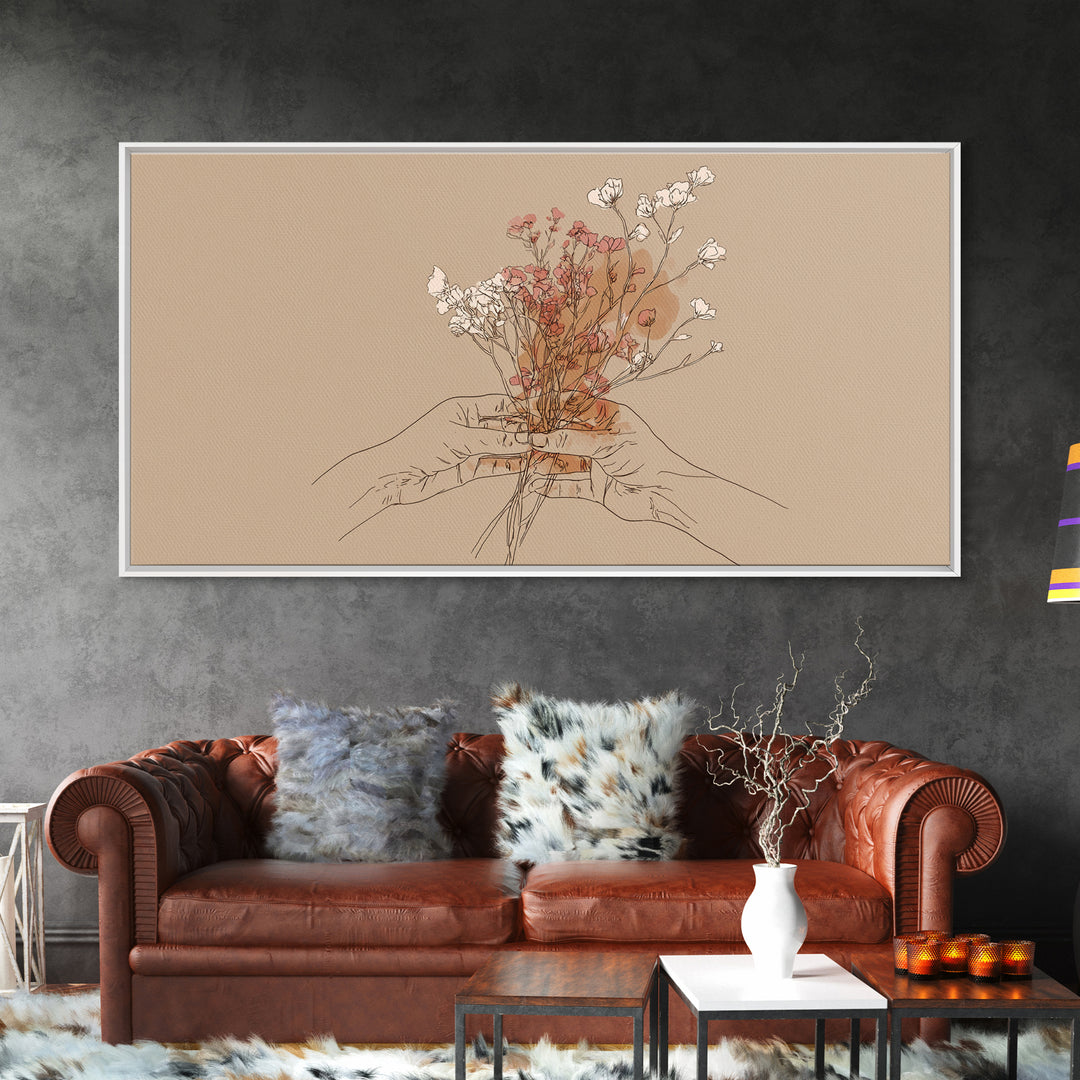 Hands Holding Wildflowers Wall Art, Minimal Line Art Canvas Print, Neutral Botanical Decor, Feminine Bedroom Gift For Her