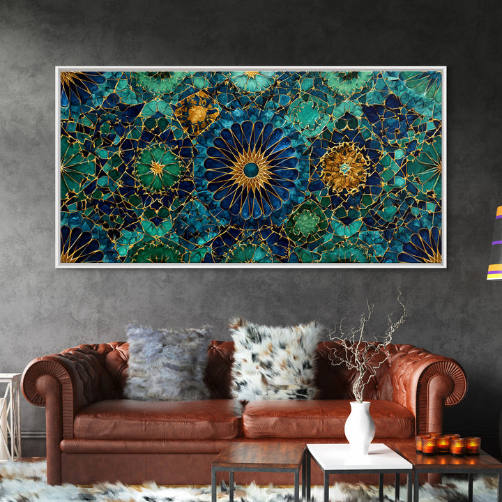 Teal Gold Floral Mosaic Canvas Print, Moroccan Wall Art, Geometric Pattern Decor, Mediterranean Tile Gift For Her, Luxury Home Decor